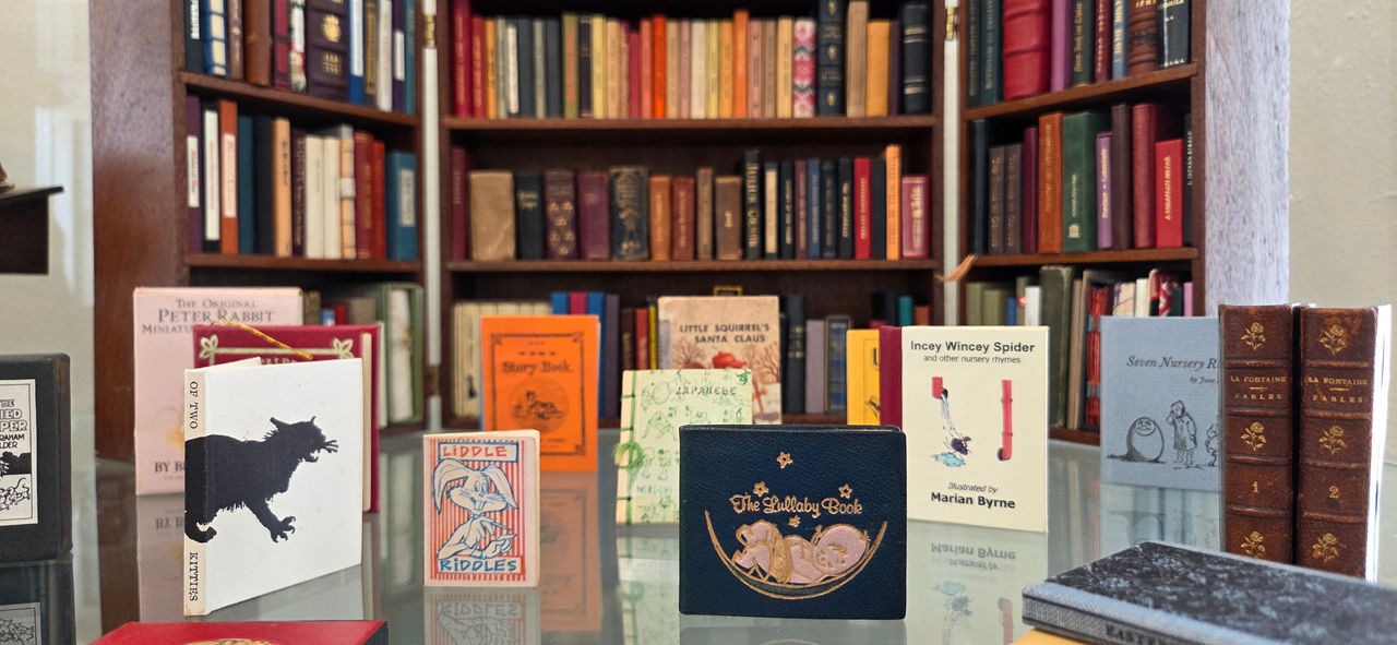Photograph of miniature books in an exhibition display