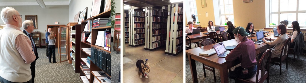 Reading room, Becket in the stacks, students in reading room 