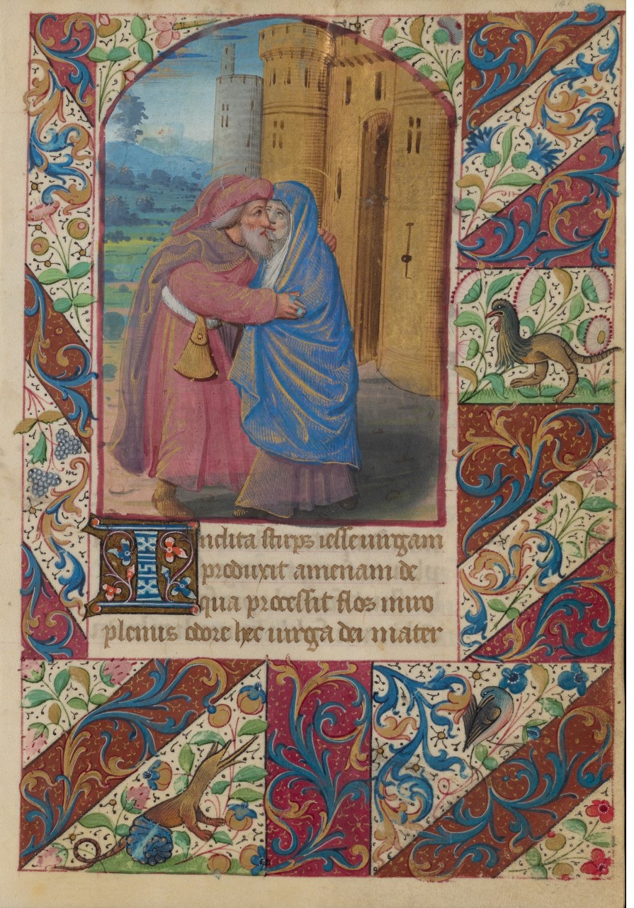 Meeting of Saints Joachim and Anne at the Golden Gate, from a Book of Hours, Egg Tempera on Parchment, ca. 1500, UC ARB Ms. 37, f. 141r