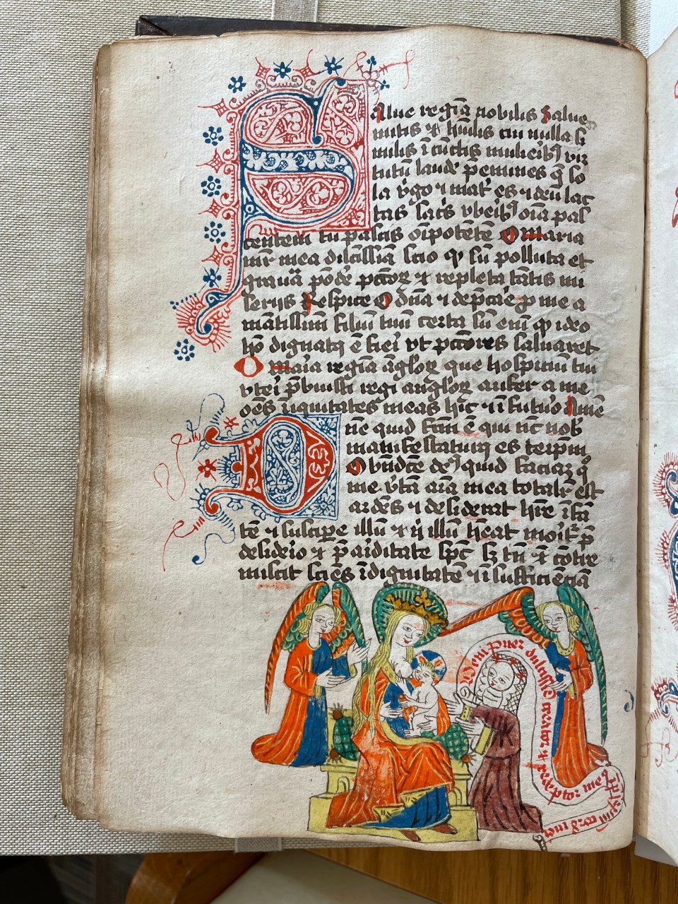 A Nun Kneeling Before the Madonna and Child, from Meditationes et orationes, Egg Tempera (?) on Paper, ca. 1400, UC ARB Ms. 2, f. 42v