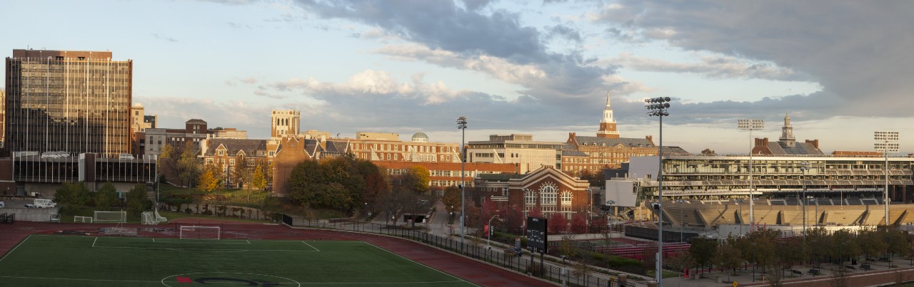 A panoramic view of campus towards the football field.